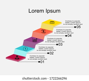 Business data visualization, infographics. Scheme of the process of elements with the help of graphics, diagrams, rectangles in five stages, numbers, options, parts, text, icons. 