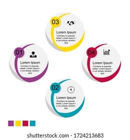 Business data visualization, infographics. Scheme of the process elements using graphics, diagrams of circles in four stages, numbers, options, parts. Business vector for presentation