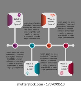 Business data visualization, infographics. Scheme of the process of elements using graphics, diagrams in four stages, numbers, options, parts. Business vector for presentation.