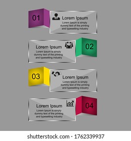 Business data visualization, infographics. Scheme of the process of elements using graphics, four-step diagrams, numbers, options, parts. Business vector for presentation