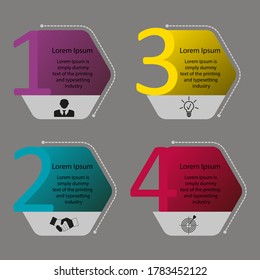 Business data visualization, infographics. Scheme of the process of elements using graphics, diagrams in four stages with text, icons, numbers, options, parts. Business vector for presentation.