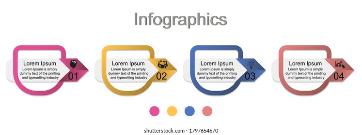 Business data visualization, infographics. Scheme of the process of elements using graphics, four-step diagrams, numbers, options, parts. Business vector for presentation.