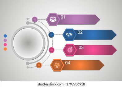 Business data visualization, infographics. Scheme of the process of elements using graphics, four-step diagrams, numbers, options, parts. Business vector for presentation
