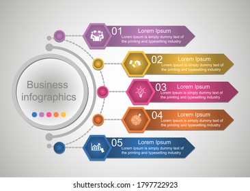Business data visualization, infographics. Scheme of the process of elements with the help of graphics, five-step diagrams, numbers, options, parts. Business vector for presentation