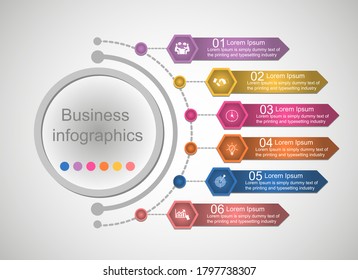 Business data visualization, infographics. Scheme of the process of elements using graphics, diagrams for six steps, numbers, options, parts. Business vector for presentation


