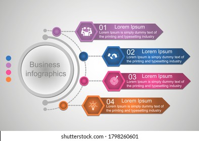 Business data visualization, infographics. Scheme of the process of elements using graphics, four-step diagrams, numbers, options, parts. Business vector for presentation.