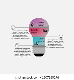 Business data visualization, infographics. Scheme of process elements with the help of graphics, lamps, three stages, numbers, options, parts. Business vector for presentation.