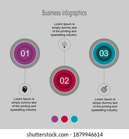 Business data visualization, infographics. Scheme of the process elements using graphics, diagrams, a circle with three stages, numbers, options, parts. Business vector for presentation