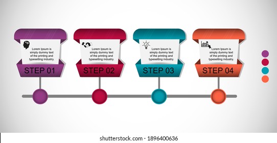 Business data visualization, infographics. Scheme of the process of elements using graphics, diagrams in four stages, numbers, text, options, parts. Business vector for presentation.