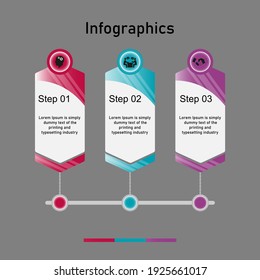 Business data visualization, infographics. The scheme of the process elements using graphics, diagrams, rectangles are curved into three stages, numbers, options, parts with text. Business vector for 