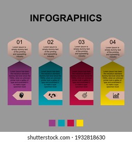 Business data visualization, infographics. Scheme of the process of elements using graphics, diagrams in four stages, numbers, options, parts. Business vector for presentation.