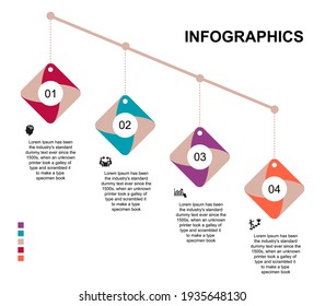 Business data visualization, infographics. Scheme of the process of elements using graphics, diagrams in the form of diamonds in four stages with numbers, text, icons. Business vector for presentation