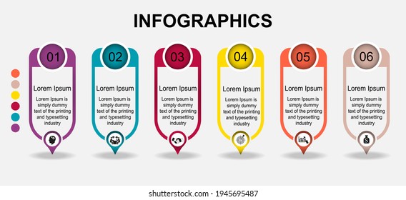 Business data visualization, infographics. Scheme of the process of elements using graphics, diagrams for six steps, numbers, options, parts. Business vector for presentation.