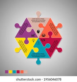 Business data visualization, infographics. Scheme of the process of elements using graphics, diagrams in six stages, numbers, options, parts. Business vector for presentation.