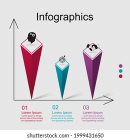 Business data visualization, infographics. Scheme of the process of elements using graphics, diagrams in three stages, numbers, with text, options, parts. Business vector for presentation.
