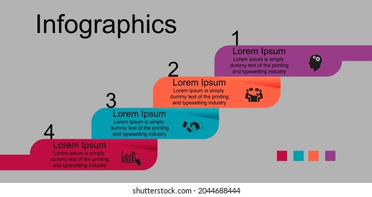 Visualización de datos empresariales, infografías. Esquema de los elementos de proceso mediante gráficos, diagramas, rectángulos se curvarán en cuatro etapas, números, opciones, partes. Vector de negocio para presentación.
