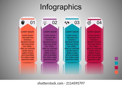 Business data visualization, infographics. Scheme of process elements with the help of graphics, diagrams, rectangles are curved into four stages, numbers, options, parts. Business vector for presenta