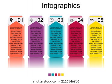 Business data visualization, infographics. Scheme of the process of elements with the help of graphics, diagrams in five stages, numbers, options, parts. Business vector for presentation.