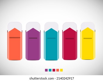Business data visualization, infographics. Scheme of elements of the process using graphs, diagrams in five stages. Business vector for presentation.