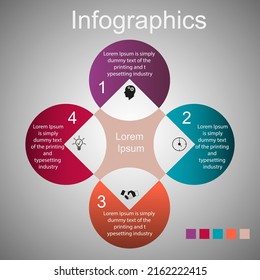 Business data visualization, infographics. Scheme of the process of elements using graphics, four-step charts, numbers, options, parts