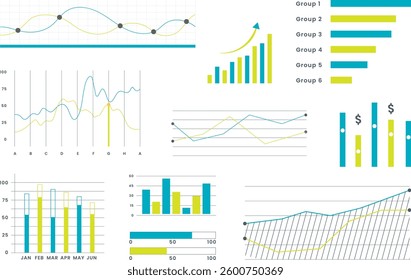 Business Data Visualization with Multiple Charts and Graphs. a collection of various business charts and graphs, showcasing data trends, comparisons, and potential growth or decline.