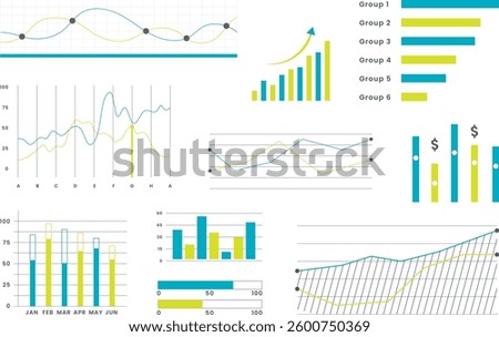 Business Data Visualization with Multiple Charts and Graphs. a collection of various business charts and graphs, showcasing data trends, comparisons, and potential growth or decline.