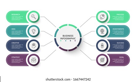 Business data visualization. Process chart. Elements of graph, diagram with 8 steps, options, parts or processes