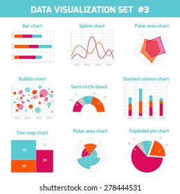 Business data visualization set, market elements, charts, diagrams and graphs template, flat icons set isolated vector illustration.