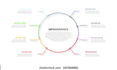 Business data visualization. Thin line design with marketing icons and 8 options or steps. Vector business template for presentation or annual report.