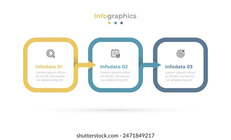 Business data visualization with timeline elements with arrows and marketing icons for 3 steps or options. Vector illustration.