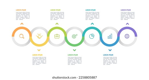 Business data visualization. Timeline infographic circle with icons. 7 steps or options infographic. Vector illustration.