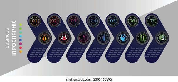 Visualización de datos empresariales. plantilla de diseño de iconos de infografía de línea de tiempo.Procesos de línea de tiempo con 7 opciones, pasos o partes.