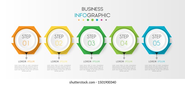 Business data visualization. Timeline infographics with 5 steps or options, circles. Vector business template for presentation.