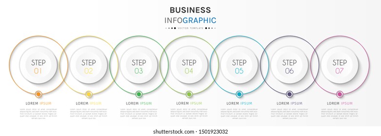 Business data visualization. Timeline infographics with 7 steps or options, circles. Vector business template for presentation.