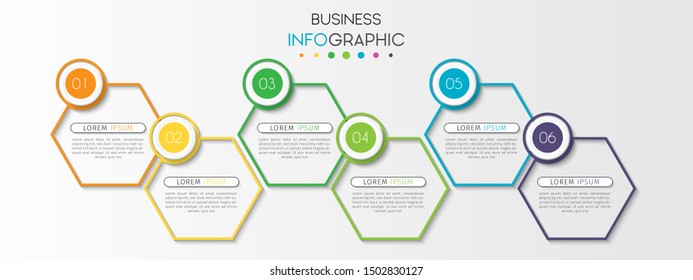Business data visualization. Timeline infographics with 6 steps or options, circles. Vector business template for presentation.