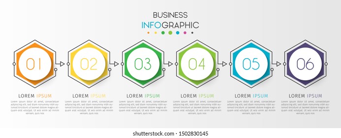 Business data visualization. Timeline infographics with 6 steps or options, circles. Vector business template for presentation.