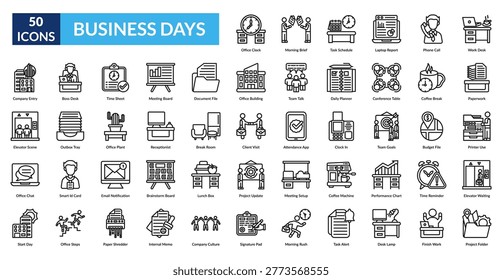 Business Days Line Icon Set. Office Clock, Morning Brief, Task Schedule, Laptop Report, Phone Call, Work Desk, Paperwork
