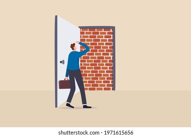 Business dead end, no way to exit or big mistake and wrong decision, obstacle and difficulty to overcome concept, businessman open exit door and found brick wall blocking the way. svg