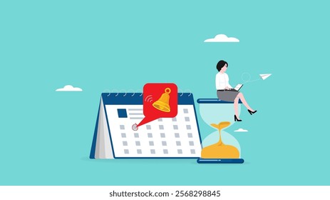 business deadline calendar to finish work, notifications or reminders of work completion deadlines, time countdown to launch date, businesswoman using laptop sitting on hourglass and deadline calendar