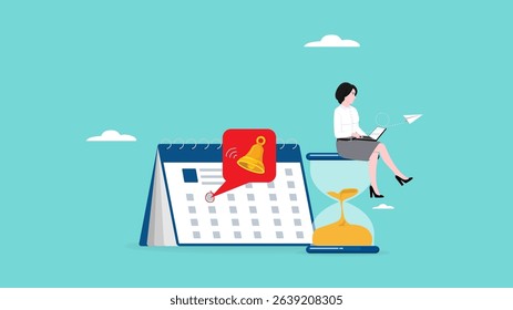 business deadline calendar to finish work, notifications or reminders of work completion deadlines, time countdown to launch date, businesswoman using laptop sitting on hourglass and deadline calendar