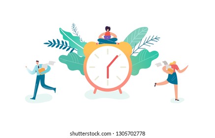 Business Deadline Concept. Businessman and Businesswoman Characters Overtime at Work. Time Management, Work Late, Efficiency. Vector illustration