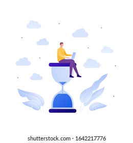 Business deadline concept. Vector flat person illustration. Male employee sitting on hourglass with laptop. Design element for banner, poster, background.