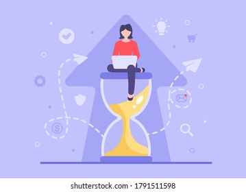 Business deadline concept. Vector girl sitting on an hourglass and working at the computer to improve the business before the time runs out. Web banner on sites and smartphones. EPS 10.