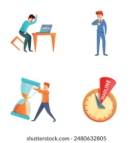 Business deadline icons set cartoon vector. Stressed employees working overtime. Time management concept