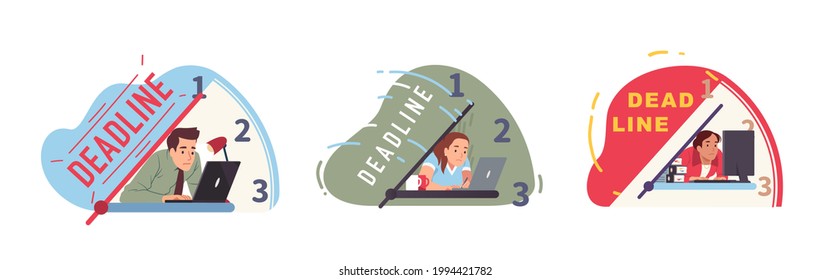 Business deadline overtime crunch stress concept set. Business person worker or manager employee trying to get job done in due time. Overwork unhealthy frustration. Flat vector character illustration