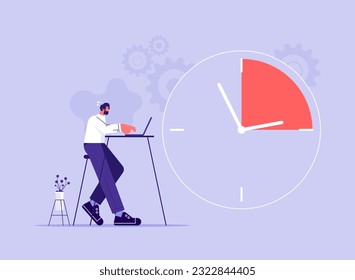 Business deadline overtime crunch stress concept. Business person worker or manager employee trying to get job done in due time, overwork, flat vector illustration