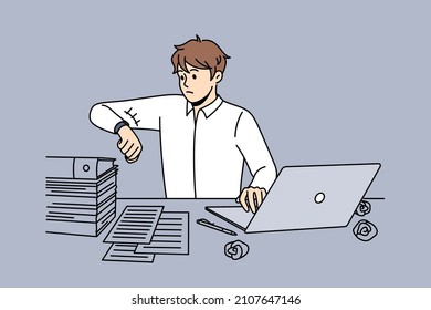 Business deadline and overwork concept. Stressed young businessman worker sitting in office at laptop with heap of papers looking at watch vector illustration 