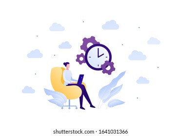 Business deadline overworking concept. Vector flat people illustration. Woman working with laptop and sitting at chair. Clock with gearwheel symbol. Design element for banner, poster, background