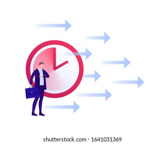 Business deadline overworking concept. Vector flat people illustration. Businessman in suit with briefcase watching hour. Clock and arrow sign. Design element for banner, poster, background