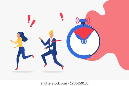 Business deadline, time management control and planning concept vector illustration. Cartoon businessman businesswoman characters run away from big clock in panic, busy managers in hurry background